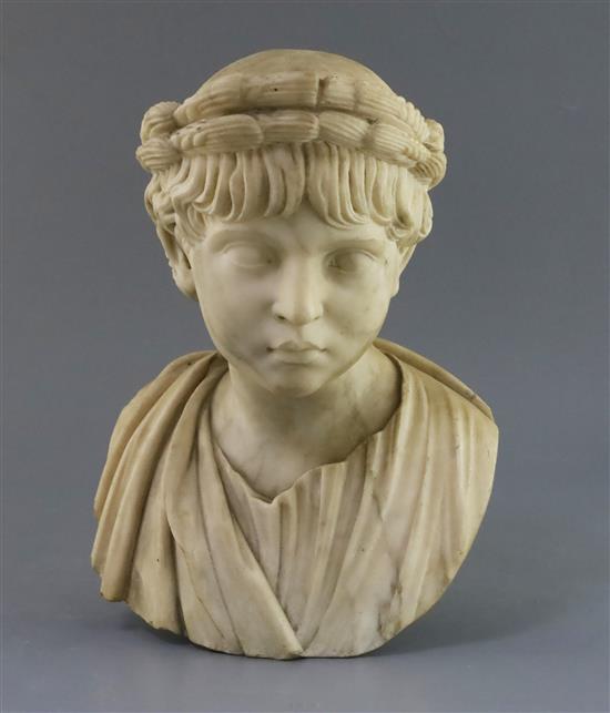 After the antique. An early 19th century marble bust of an Imperial Roman youth H. 13in.